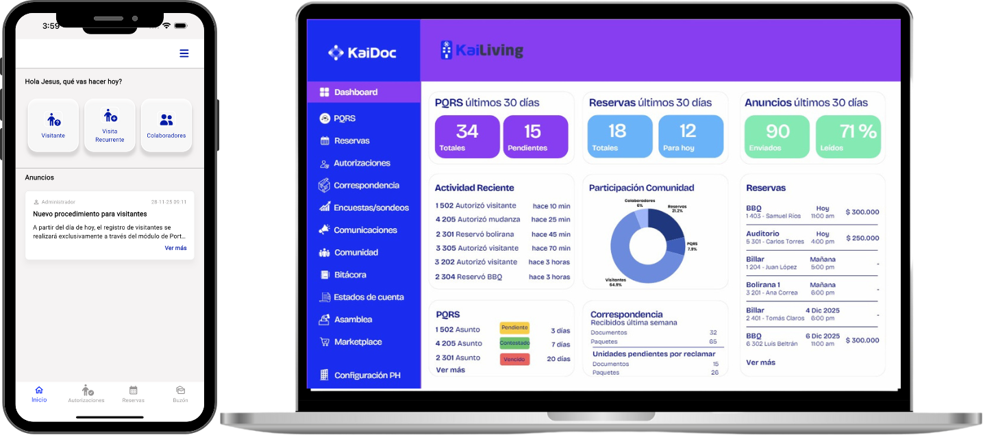 Administrador gestionando su copropiedad con KaiLiving en computador y teléfono móvil