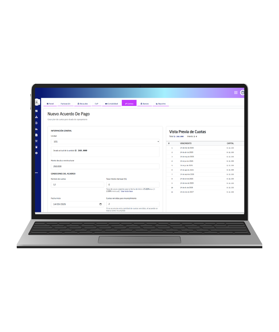 Panel de administración KaiLiving mostrando módulo contable y dashboard de la copropiedad